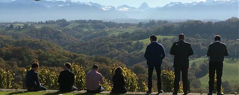 7 personnes regardent les montagnes